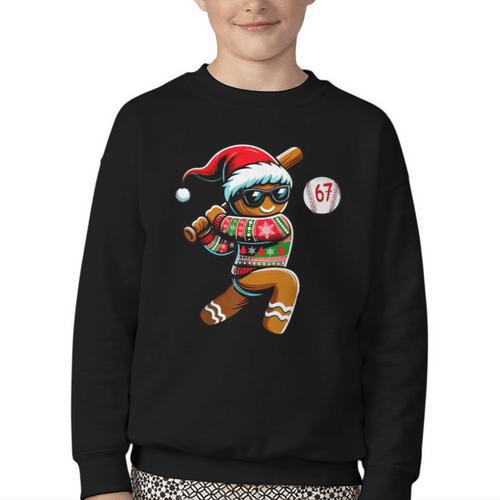 67 Gingerbread Man Playing Baseball Christmas 6 7 Meme Youth Crewneck Sweatshirt - Sportilla