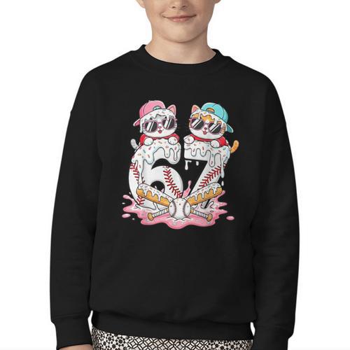 67 Meme Kawaii Cats Baseball Ice Cream Drip 6 7 Kids Youth Crewneck Sweatshirt - Sportilla