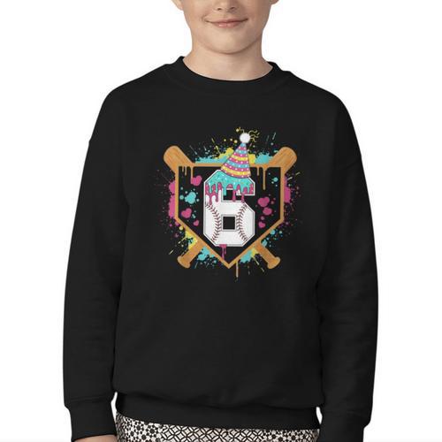 6th Birthday Baseball Drip Number 6 Year Old Birthday Boy Youth Crewneck Sweatshirt - Sportilla