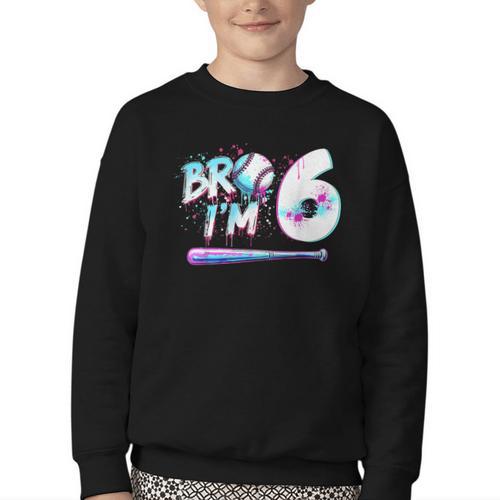 6th Birthday Boy Bro I'm 6 Year Old Baseball Ice Cream Drip Youth Crewneck Sweatshirt - Sportilla