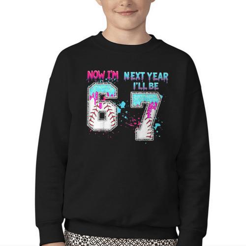 6th Birthday Now I'm 6 Next Year I'Ll Be 7 Baseball Drip 67 Youth Crewneck Sweatshirt - Sportilla
