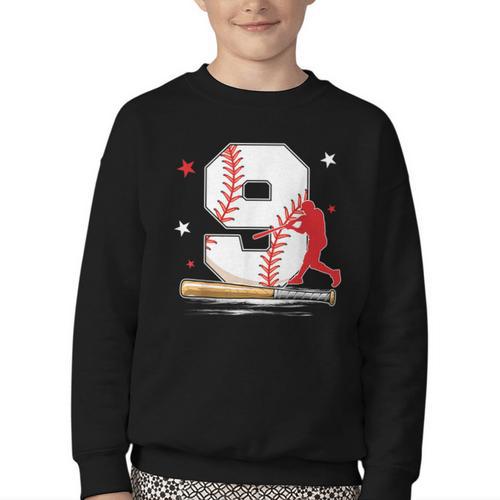 9 Years Old Baseball Birthday Boy 9th Bday Party Youth Crewneck Sweatshirt - Sportilla