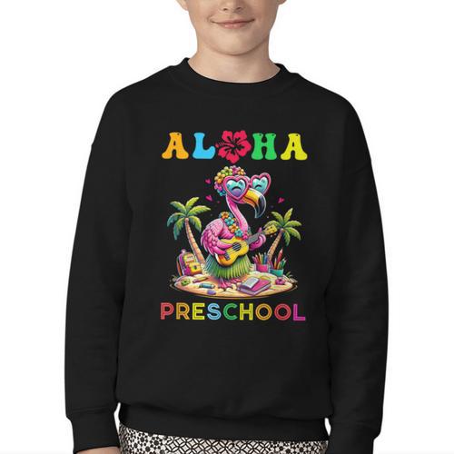 Aloha Preschool Flamingo Hawaii Back To School Kids Girl Youth Crewneck Sweatshirt - Savourry