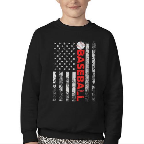 American Flag Baseball Team Baseball Player Baseball Youth Crewneck Sweatshirt - Sportilla