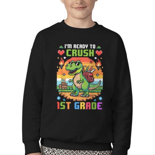 Back To School 1St Grade Boys I'm Ready To Crush Dinosaur Youth Crewneck Sweatshirt - Savourry
