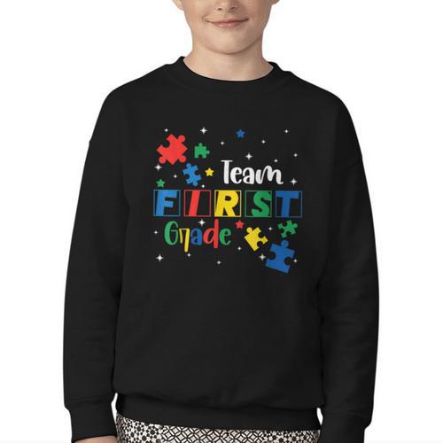 Back To School Autism Puzzle Pieces Autistic First Grade ASD Youth Crewneck Sweatshirt - Savourry