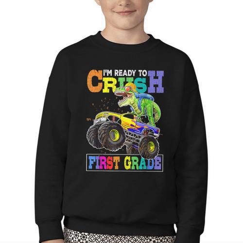 Back To School Boy Dinosaur I'm Ready To Crush First Grade Youth Crewneck Sweatshirt - Savourry