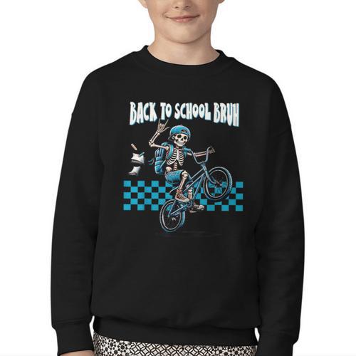 Back To School Bruh Boy Skeleton Riding On a BMX Bike Youth Crewneck Sweatshirt - Savourry