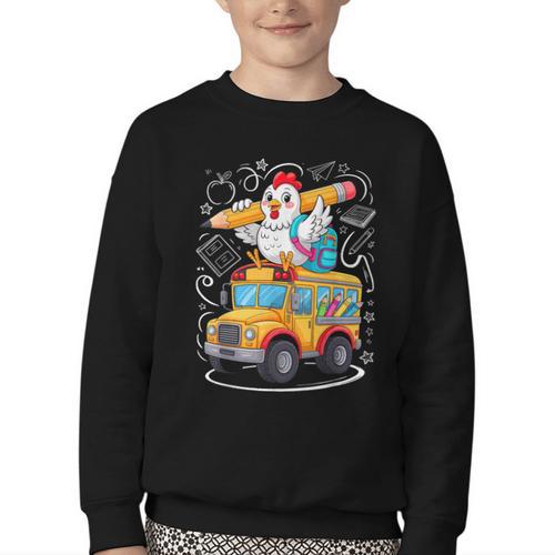 Back To School Chicken School Bus 100 Days Of School Youth Crewneck Sweatshirt - Savourry
