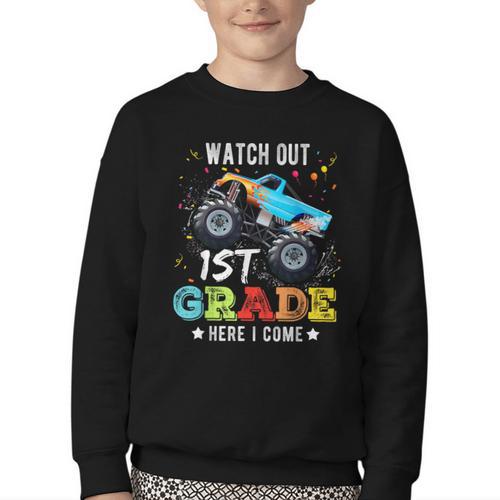 Back To School First Grade Here I Come For Boy Kids Truck Youth Crewneck Sweatshirt - Savourry