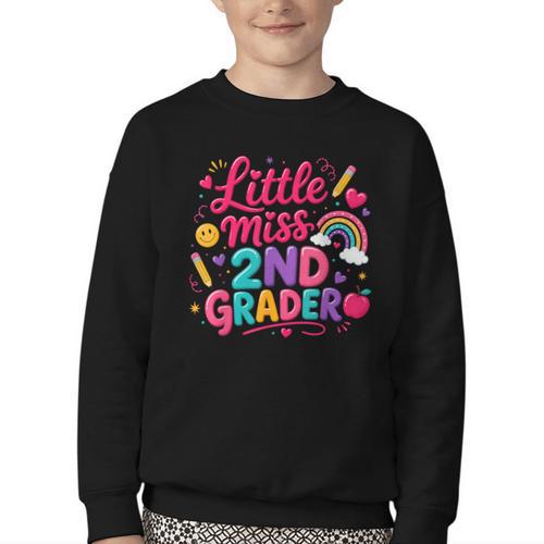 Back To School Little Miss 2nd Grader Rainbow Girl Youth Crewneck Sweatshirt - Savourry
