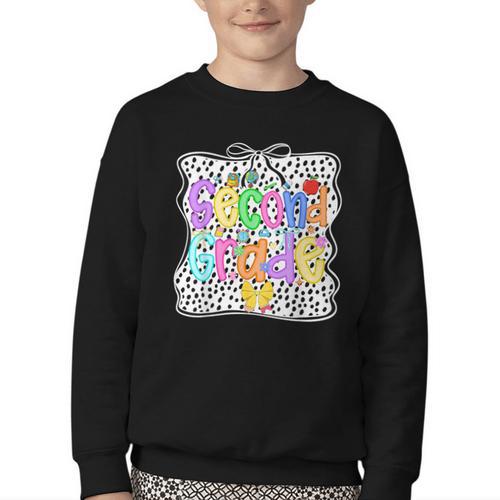Back To School Second Grade Girls 2nd Grade Dalmatian Dots Youth Crewneck Sweatshirt - Savourry