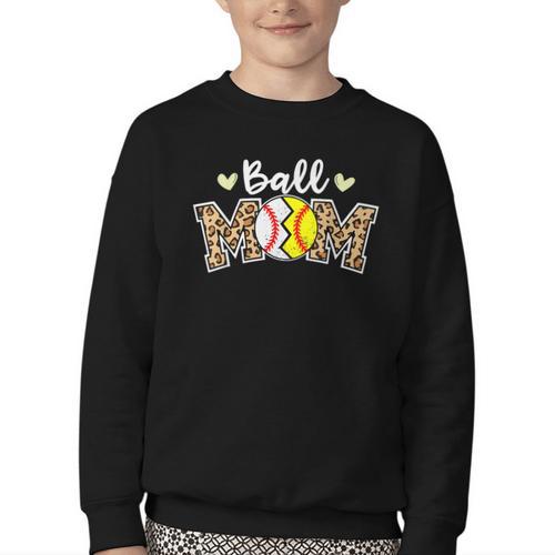 Ball Mom Leopard Baseball Softball Player Mom Youth Crewneck Sweatshirt - Sportilla