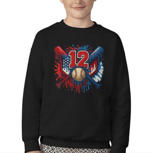 Baseball 12 Year Old Splash Drip 12th Birthday Boy Number 12 Youth Crewneck Sweatshirt - Sportilla