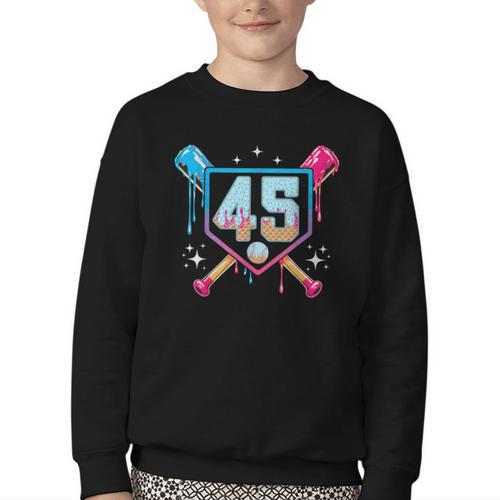 Baseball 45 Year Old Ice Cream Drip 45th Birthday Number 45 Youth Crewneck Sweatshirt - Sportilla