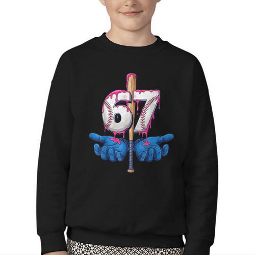 Baseball 67 Six Seven Gen Alpha Meme Drip Youth Crewneck Sweatshirt - Sportilla