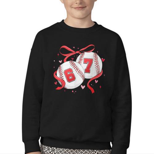Baseball 67 Six Seven Gen Alpha Meme Valentine's Day Youth Crewneck Sweatshirt - Sportilla