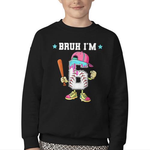 Baseball 6th Birthday Boy Ice Cream Drip Bruh I'm 6 Year Old Youth Crewneck Sweatshirt - Sportilla