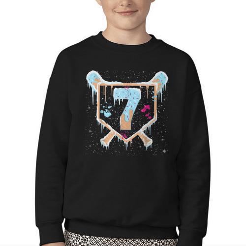 Baseball 7 Year Old Ice Cream Drip 7th Birthday Boy Number 7 Youth Crewneck Sweatshirt - Sportilla