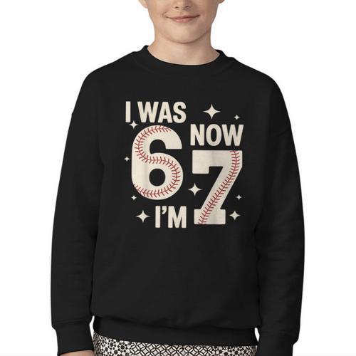 Baseball 7th Birthday 6 7 Years Old I Was 6 Now I'm 7 Youth Crewneck Sweatshirt - Sportilla