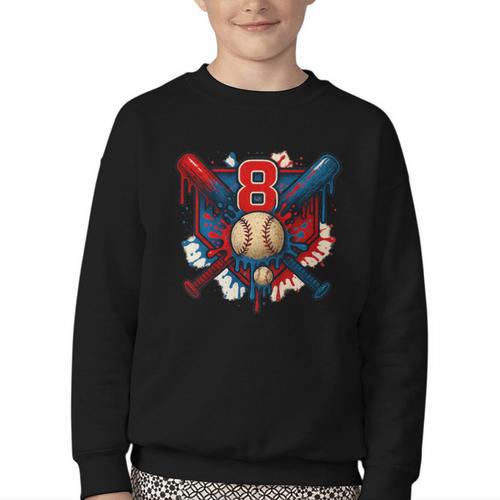 Baseball 8 Year Old Splash Drip 8th Birthday Boy Number 8 Youth Crewneck Sweatshirt - Sportilla