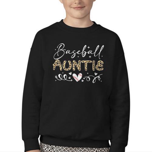 Baseball Auntie Leopard Baseball Heart Youth Crewneck Sweatshirt - Sportilla