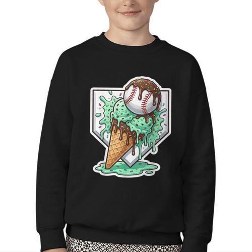 Baseball Boys Ice Cream Drip Baseball Boys Youth Mint Choco Youth Crewneck Sweatshirt - Sportilla