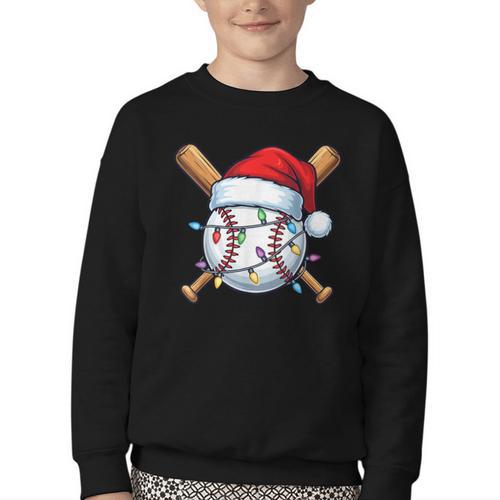 Baseball Christmas Lights Santa Christmas Baseball Player Youth Crewneck Sweatshirt - Sportilla