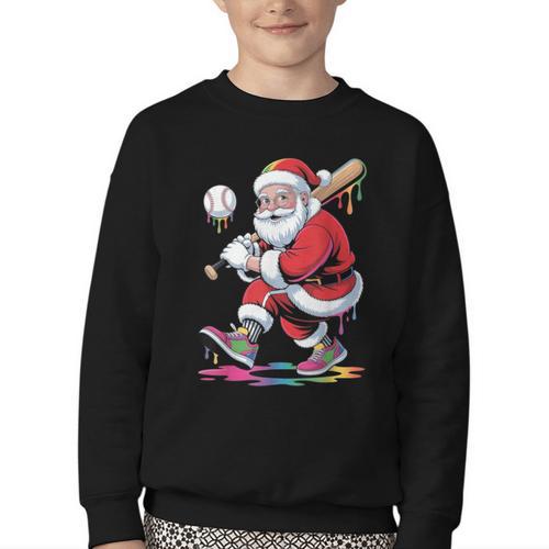 Baseball Christmas Santa Claus Batter Baseball Drip Youth Crewneck Sweatshirt - Sportilla