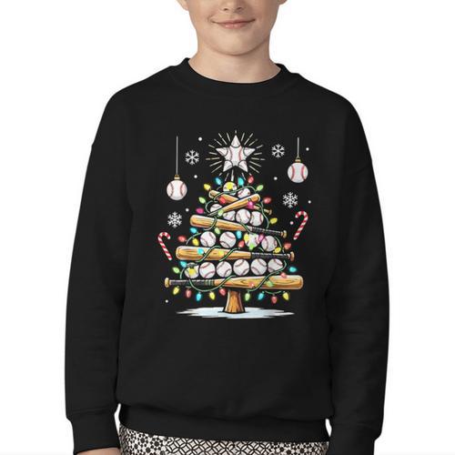 Baseball Christmas Tree Lights Youth Crewneck Sweatshirt - Sportilla