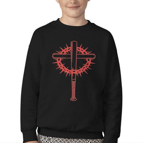 Baseball Cross Bats Pitcher Jesus Faith Youth Crewneck Sweatshirt - Sportilla