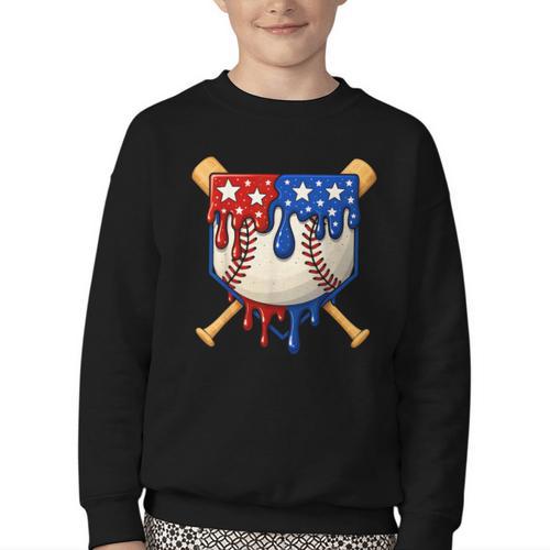 Baseball Drip American Flag Home Plate 4th Of July Patriotic Youth Crewneck Sweatshirt - Sportilla