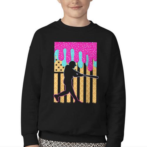 Baseball Drip Bat Boys Ice Cream American Flag 4th Of July Youth Crewneck Sweatshirt - Sportilla