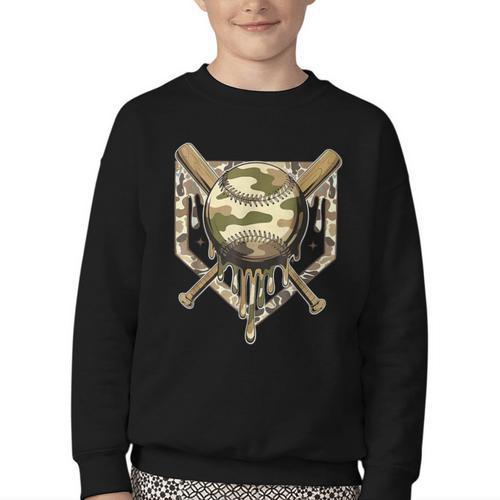 Baseball Drip For Boys Ice Cream Dripping Boys Baseball Camo Youth Crewneck Sweatshirt - Sportilla