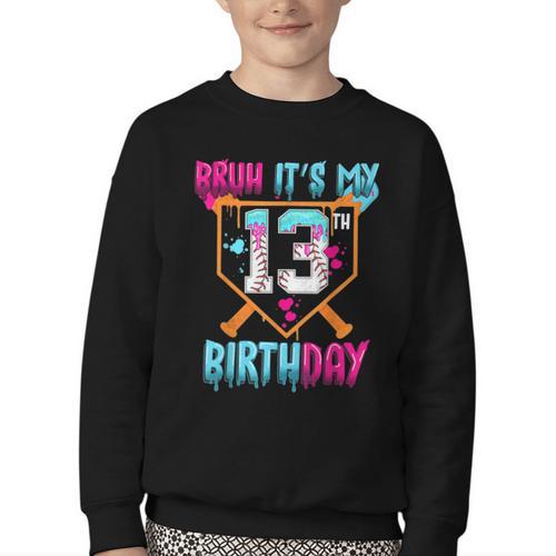 Baseball Drip Bruh It's My 13th Birthday Boy Ice Cream Drip Youth Crewneck Sweatshirt - Sportilla