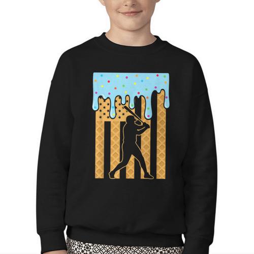 Baseball Drip Dripping Ice Cream Sport Player American Flag Youth Crewneck Sweatshirt - Sportilla