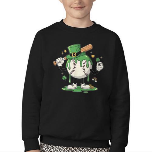 Baseball Drip Ice Cream Boys Kids Shamrock St Patricks Day Youth Crewneck Sweatshirt - Sportilla