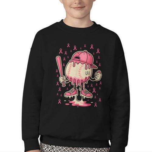 Baseball Drip Ice Cream Breast Cancer Awareness Boys & Girls Youth Crewneck Sweatshirt - Sportilla