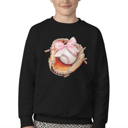 Baseball Drip Ice Cream Coquette Pink Bow Baseball Player Youth Crewneck Sweatshirt - Sportilla
