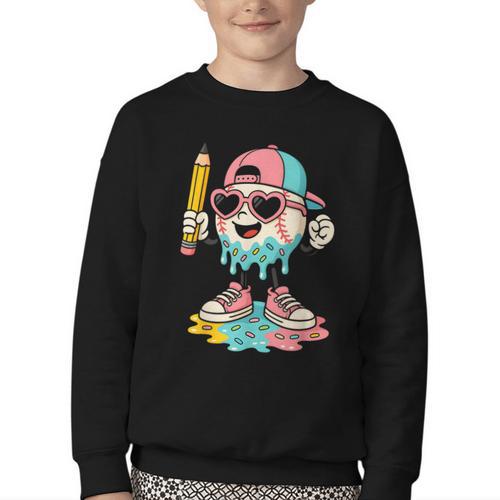 Baseball Drip Ice Cream First Day Back To School Cute Girls Youth Crewneck Sweatshirt - Savourry