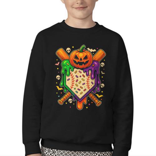 Baseball Drip Ice Cream Drip Halloween Baseball Lovers Youth Crewneck Sweatshirt - Sportilla