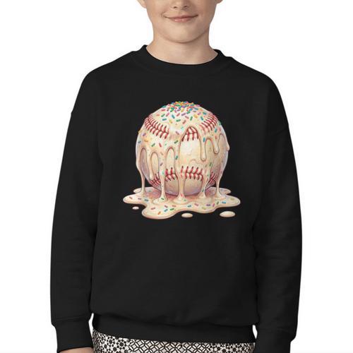 Baseball Drip Ice Cream Melting Illustration Youth Crewneck Sweatshirt - Sportilla