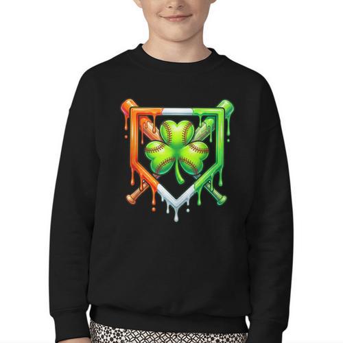 Baseball Drip Ice Cream St Patricks Day Shamrock Lucky Youth Crewneck Sweatshirt - Sportilla