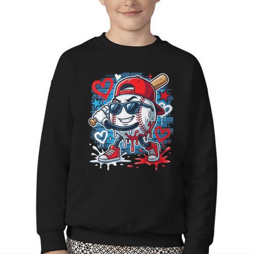 Baseball Drip Icecream Heart Valentine Day Boys Kids Red Youth Crewneck Sweatshirt - Sportilla
