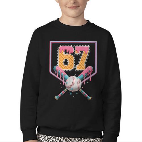 Baseball Drip Number 67 Fun Six Seven 6 7 Meme Youth Crewneck Sweatshirt - Sportilla