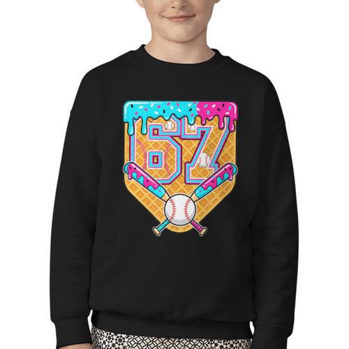 Baseball Drip Number 67 Ice Cream Home Plate Drip Youth Crewneck Sweatshirt - Sportilla