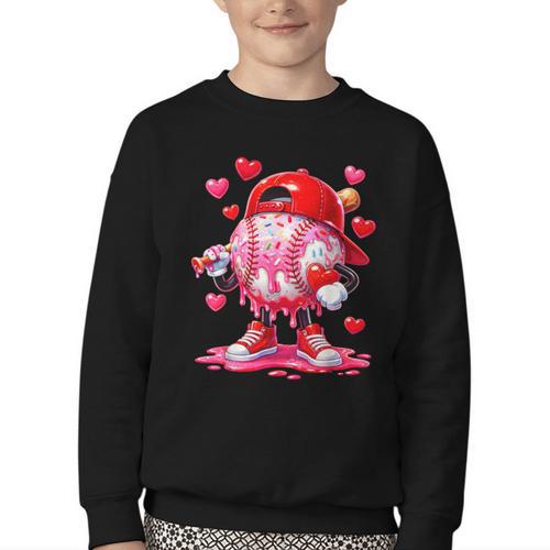 Baseball Drip Valentine Sports Vday Ice Cream Drip Heart Youth Crewneck Sweatshirt - Sportilla