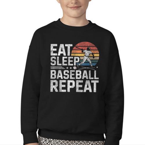 Baseball Fan Vintage Retro Eat Sleep Baseball Repeat Youth Crewneck Sweatshirt - Sportilla