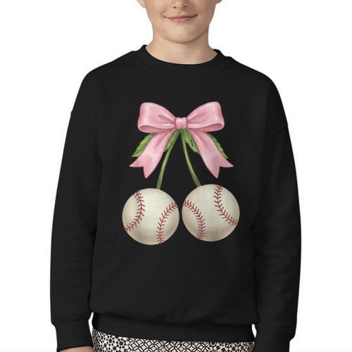 Baseball Girls Women Coquette Pink Bow Baseball Youth Crewneck Sweatshirt - Sportilla