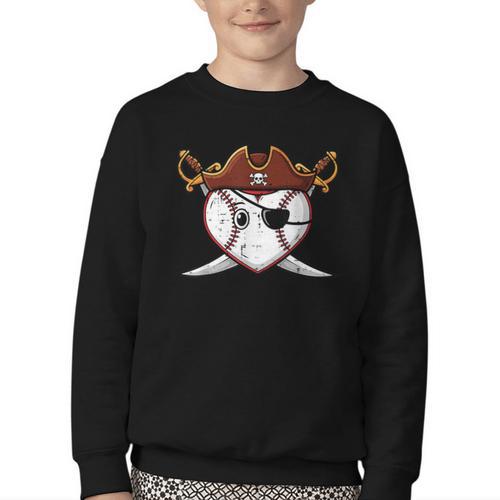 Baseball Heart Pirate Hat Crossed Swords Men Boys Kids Youth Youth Crewneck Sweatshirt - Sportilla